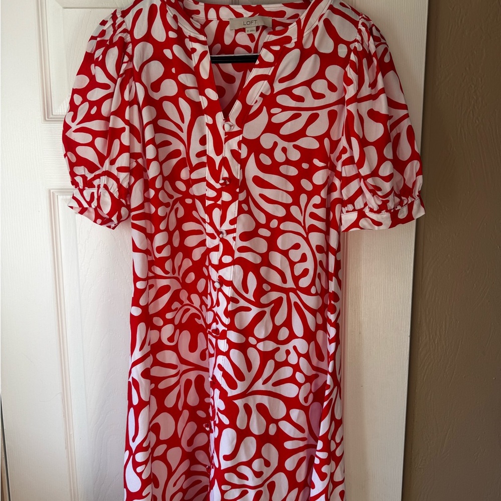 LOFT Vibrant Red and White Patterned Dress